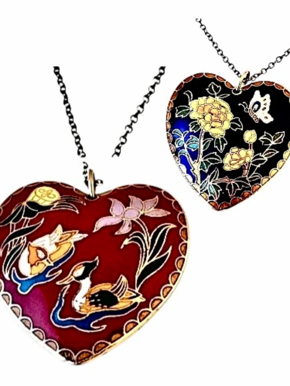 Vintage Cloisonne Heart Puffy Double Sided Enamel Pendant Necklace Red Blue